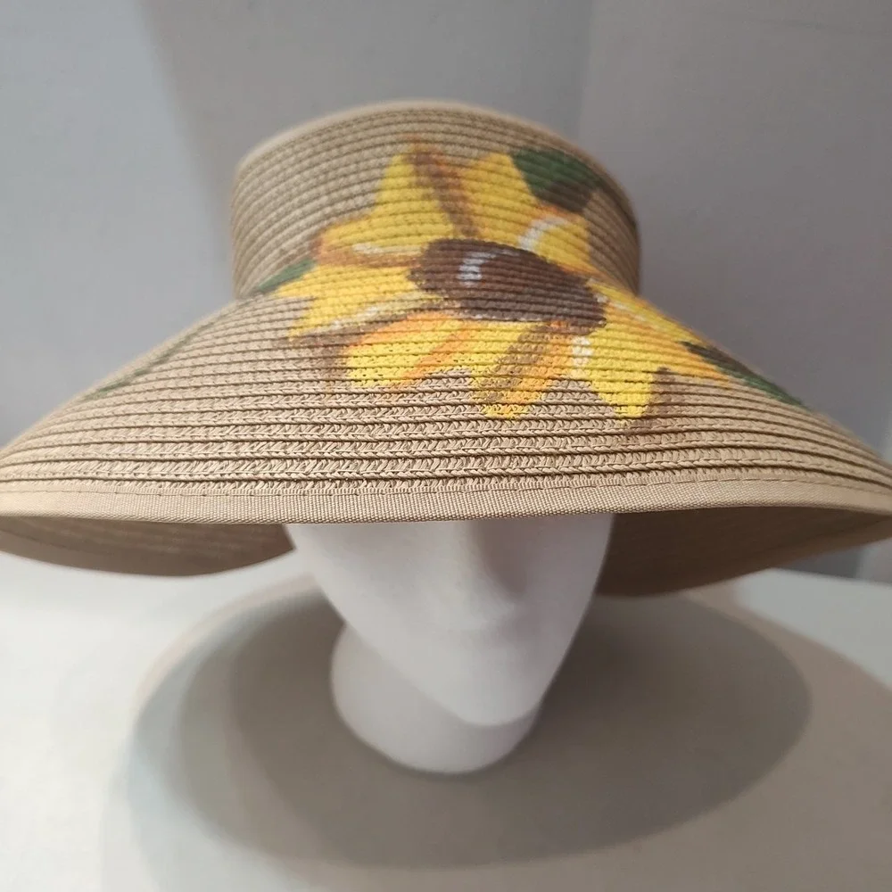 Women Wide Brim Hand‎ Painted Paper Hat Adjustable Open Top Sweat Band Brown Bow
